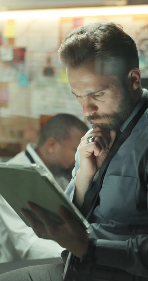 Thinking, man and detective with tablet at night for research, investigation and Stock Footage 319826457