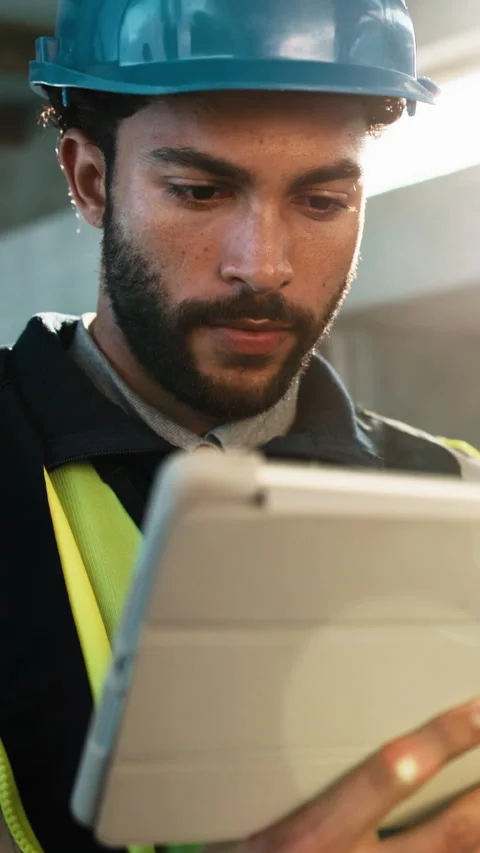 Thinking, man and electrician with tablet on site for email update on electrical Stock Footage 343603840