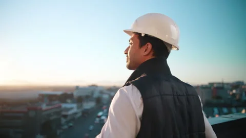 Thinking, man and engineer on balcony for construction, inspection and planning Stock Footage 337926275