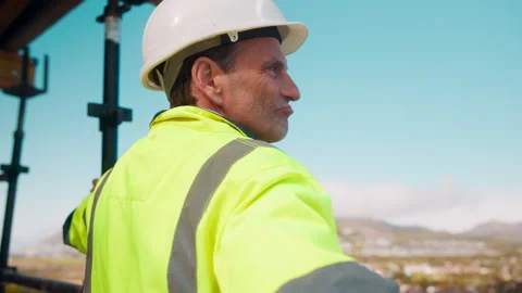 Thinking, man and engineer outdoor for construction, inspection and building Stock Footage 336204636