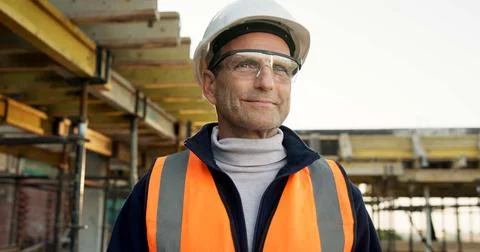 Thinking, man and engineer outdoor for construction, inspection and vision for Stock Photos