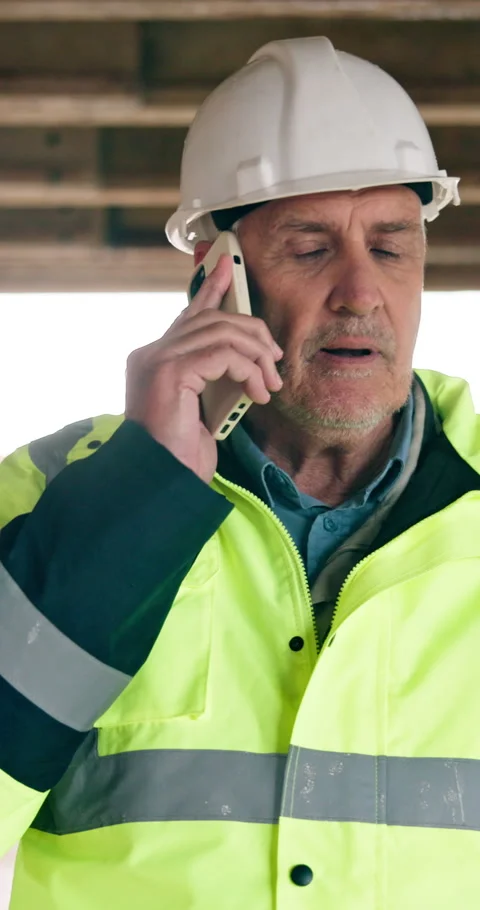 Thinking, man and engineer with phone call for construction, inspection and chat Stock Footage 340874037