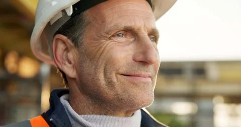 Thinking, man and engineer with smile for construction, inspection and vision Stock Photos