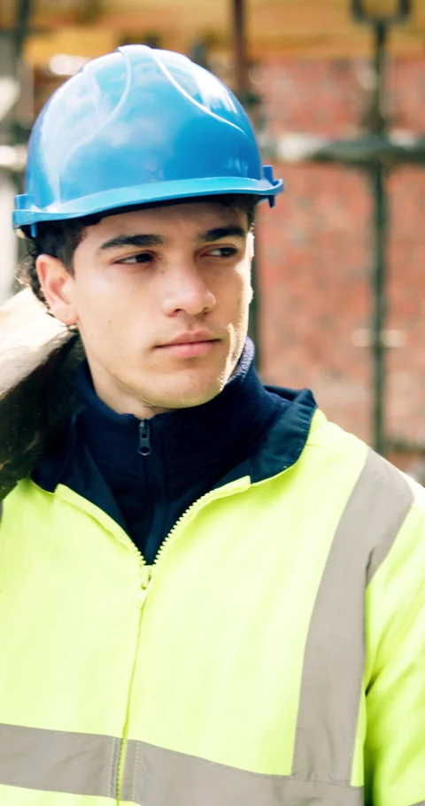 Thinking, man and engineer with wood for construction, foundation or framework Stock Footage 340875325