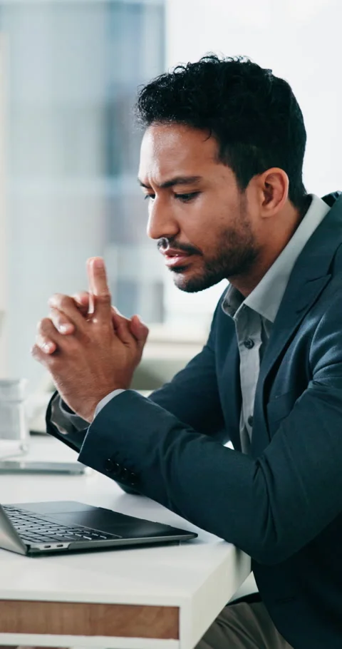 Thinking, man and laptop with solution in office for financial reporting, Stock Footage 333259762