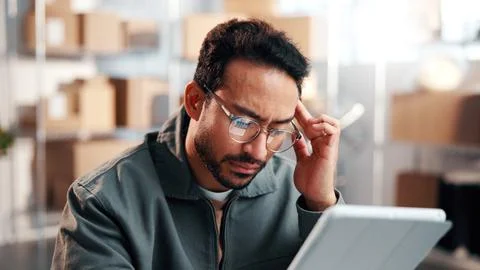 Thinking, man and logistics worker with tablet in office with mistake on Foto stock