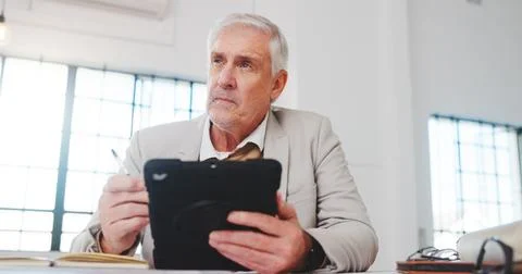 Thinking, man and notebook in office with tablet, research and pricing decision Stock Photos