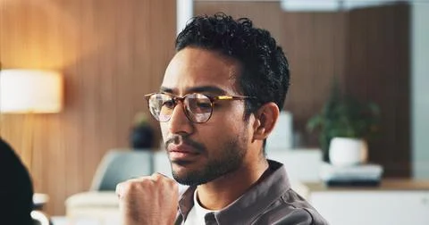 Thinking, man and reading on computer in office for real estate, property r.. Stock Photos
