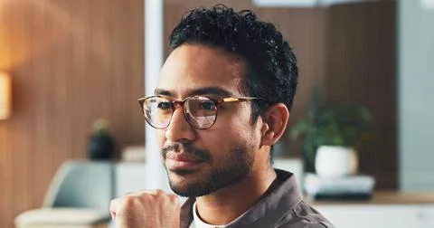 Thinking, man and reading with computer in office for real estate, property.. Stock Photos