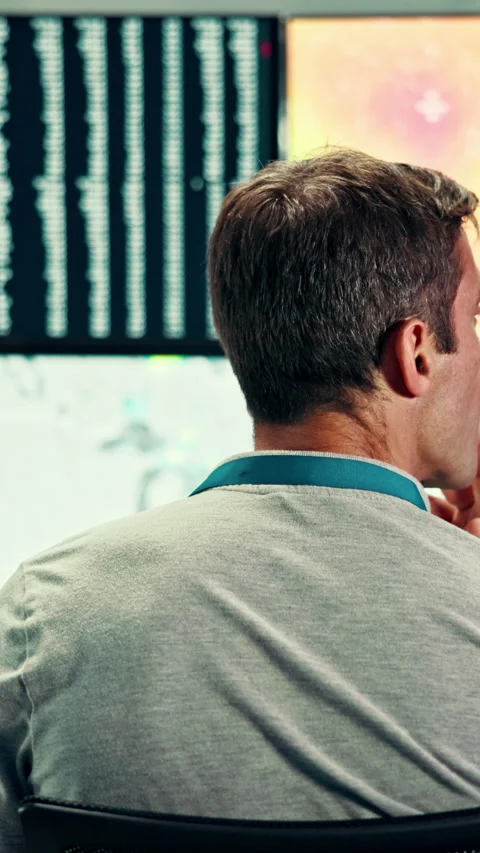 Thinking, man and research with computer screen in control room, online or Video stock 335302721