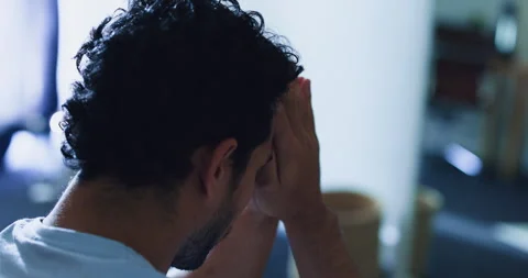 Thinking, man and stress in bedroom at house with anxiety, overthinking and Stock Footage 326092848