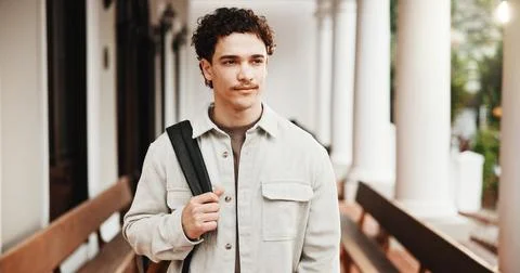 Thinking, man and student at campus with smile, exchange program and schola.. Stock Photos