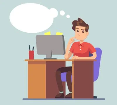 Thinking man and think bubble. Student at table with laptop education vector Stock Illustration