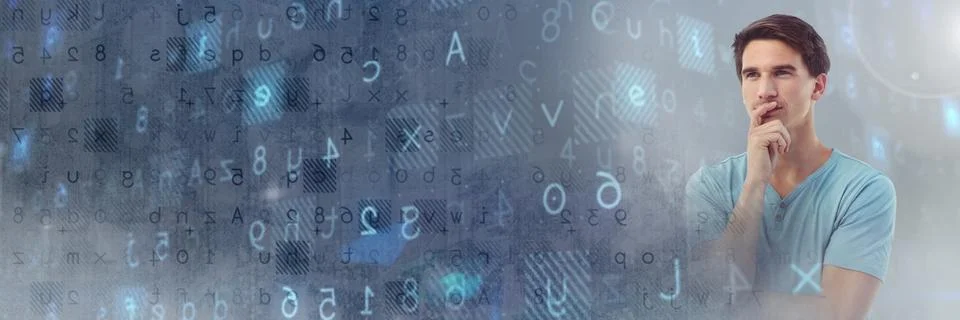 Thinking man with code letters and numbers decipher transition Stock Photos
