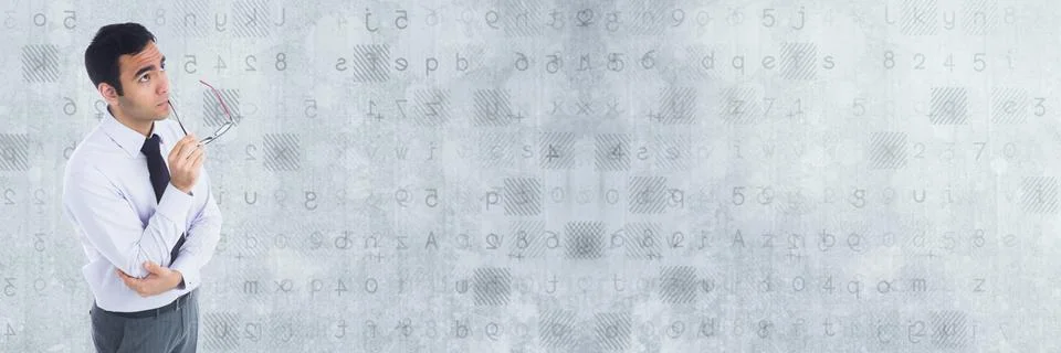 Thinking man with code numbers and letters decipher transition Stock Photos