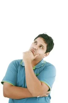 Thinking man isolated on white background. closeup portrait of a casual young Stock Photos