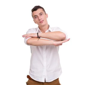 Thinking man isolated on white background. Closeup portrait of a casual young Stock Photos