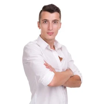 Thinking man isolated on white background. Closeup portrait of a casual young Stock Photos