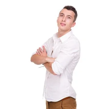 Thinking man isolated on white background. Closeup portrait of a casual young Stock Photos