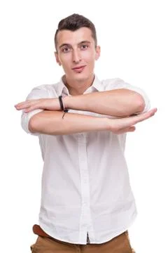 Thinking man isolated on white background. Closeup portrait of a casual young Stock-Fotos