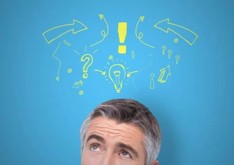 Thinking man looking up and drawing Foto stock