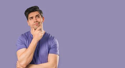 Thinking Man Looking Up, Searching Opportunity On violet Background. Curious Stock Photos