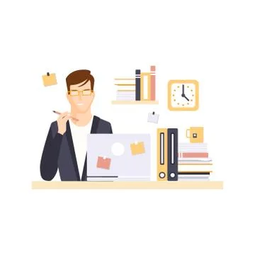 Thinking Man Office Worker In Office Cubicle Having His Daily Routine Situation 스톡 일러스트