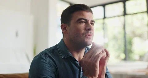 Thinking, man or exhale with relief in home for finance resolution, debt Stock Footage 329376384