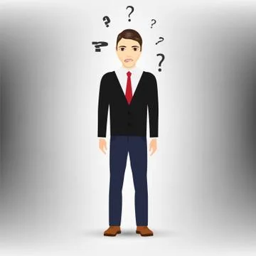 Thinking man with question mark isolated on white background. Vector illustra Ilustración de archivo
