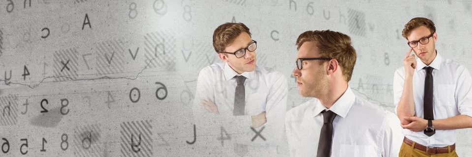 Thinking man in sequence with letters and numbers transition Stock Photos