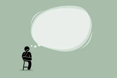 Thinking man sitting on a chair with a big empty bubble cloud. Illustrazione stock