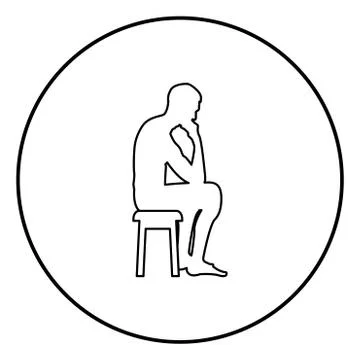 Thinking man sitting on a stool silhouette icon black color illustration in c Stock Illustration