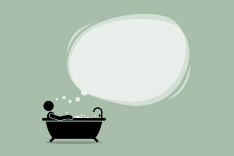 Thinking man taking a bath in the bathtub with a big empty bubble cloud. Vect Stock Illustration