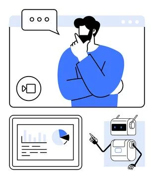 Thinking man video call, tablet with chart, and helpful robot provide tech,.. Stock Illustration