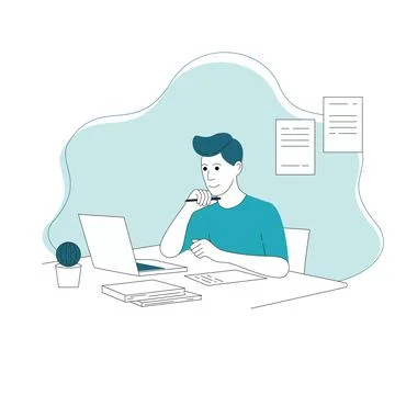 Thinking man at work desk Stock Illustration