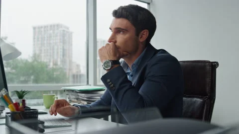 Thinking manager working computer analyzing data. Tired overwhelmed employee Stock Footage 227749717