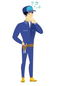 Thinking mechanic with question marks Stock Illustration