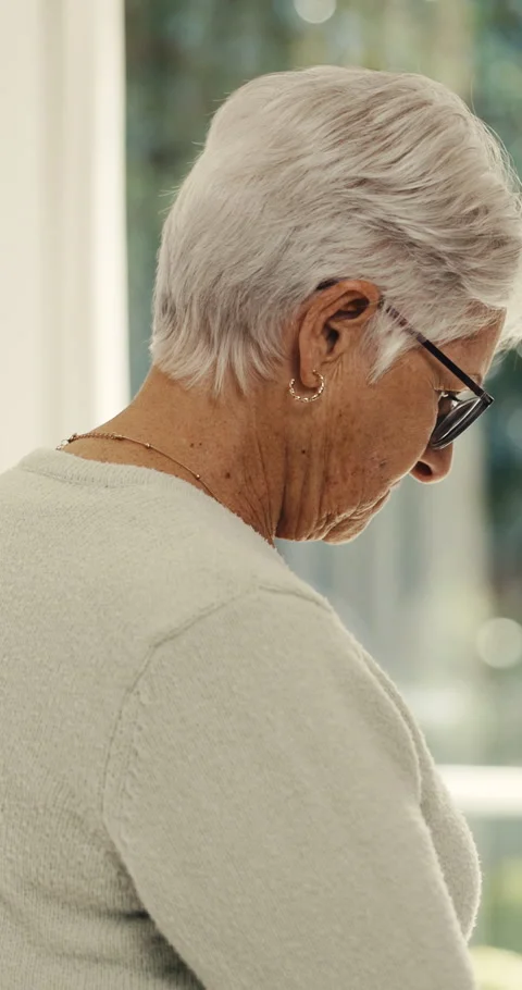 Thinking, memory and back with old woman in home for reflection, mental health Stock Footage 342231155