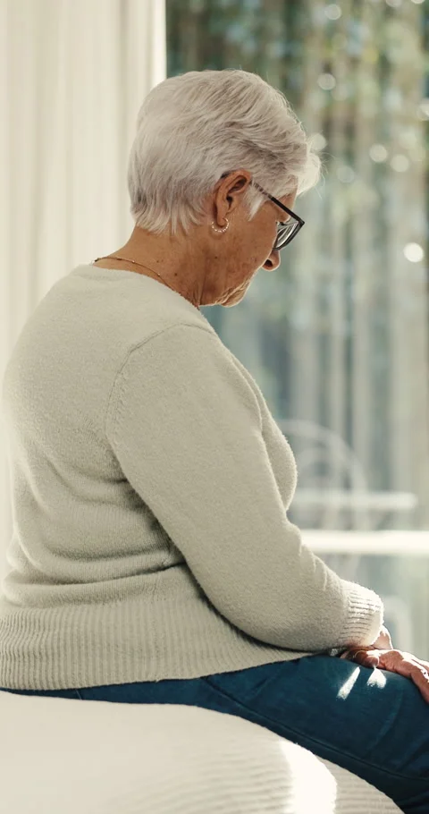 Thinking, memory and elderly woman on bed in home for reflection, retirement and Stock Footage 342230283