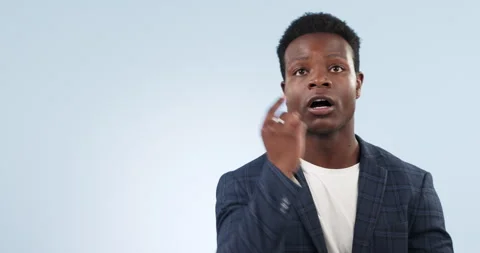 Thinking, mockup space and black man with idea or problem solving isolated in a Stock Footage 251952991