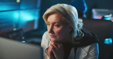 Thinking, night and woman on computer for coding, programming, software update Stock Footage 309827005