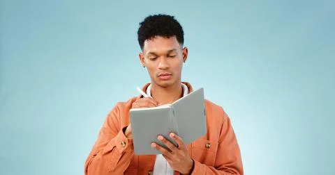 Thinking, notebook and writing with man, problem solving and ideas with Stock Photos