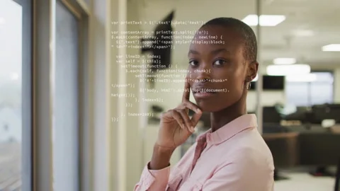 Thinking in office, businesswoman processing data with animation over workspace 库存影片 303878799