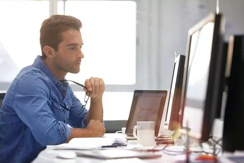 Thinking, online and man with computer in business, typography and graphic .. Stock Photos