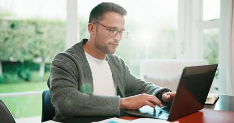 Thinking, online and man with laptop in home office, reflection or freelancer Stock Footage 341433291