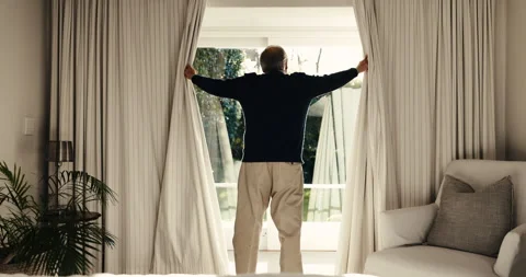 Thinking, open and old man at window with curtains, daydreaming and chill Stock Footage 342257455