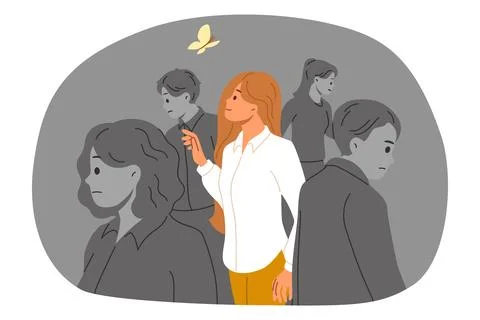 Thinking outside box approach allows business woman to stand out from crowd and Illustrazione stock