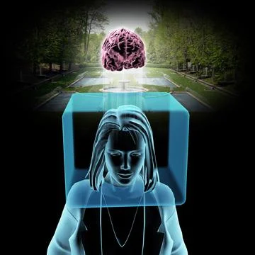 Thinking Outside The Box - Digital image of woman with head in box and brain Illustrazione stock