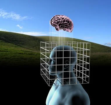 Thinking Outside The Box - Digital image of man with head in box and brain Illustrazione stock