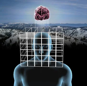 Thinking Outside The Box - Digital image of man with head in box and brain Illustrazione stock